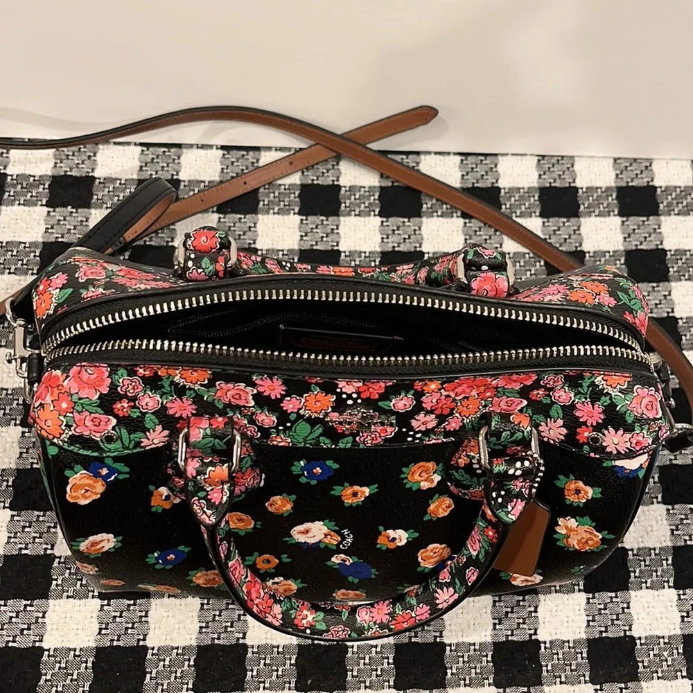 Coach Mini Bennett Black Satchel In Floral Mix Pattern Crossbody Silver Hardware - Picture 12 of 13